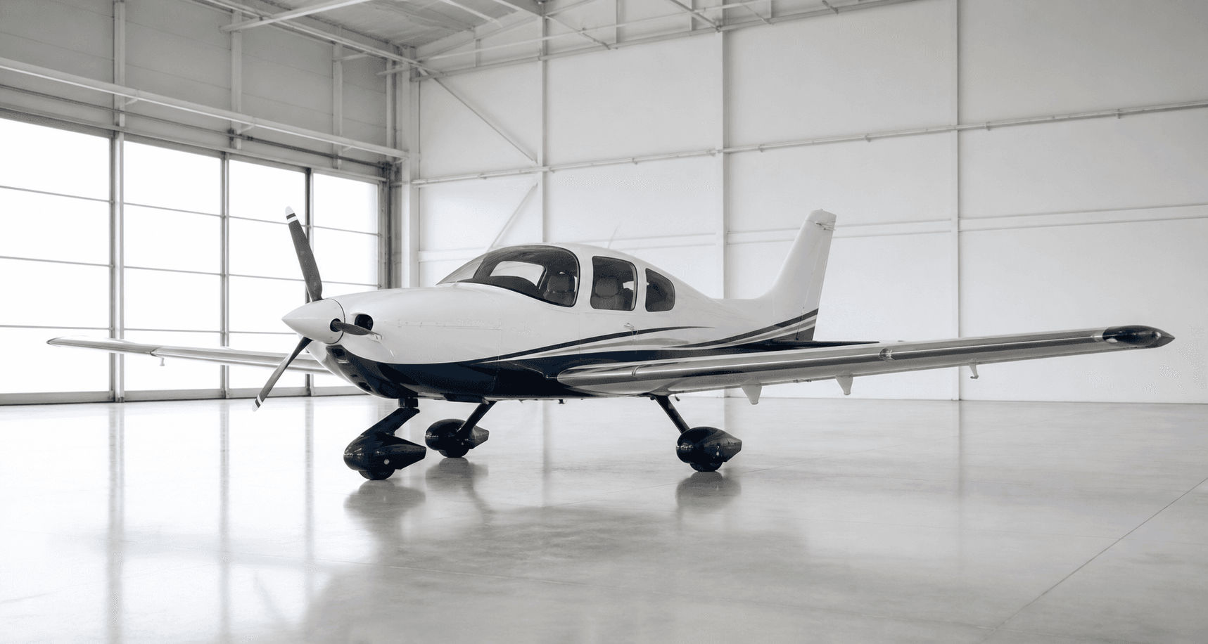 Light civil aircraft in a bright hangar