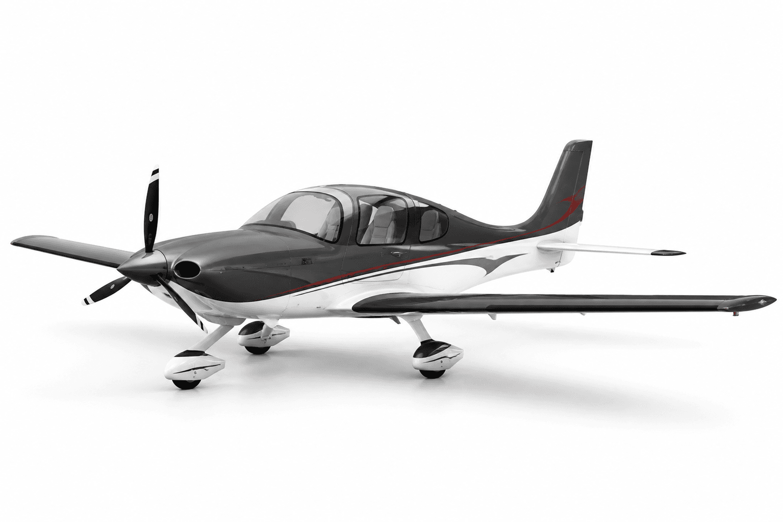 Modern four-seat low-wing aircraft on a light background