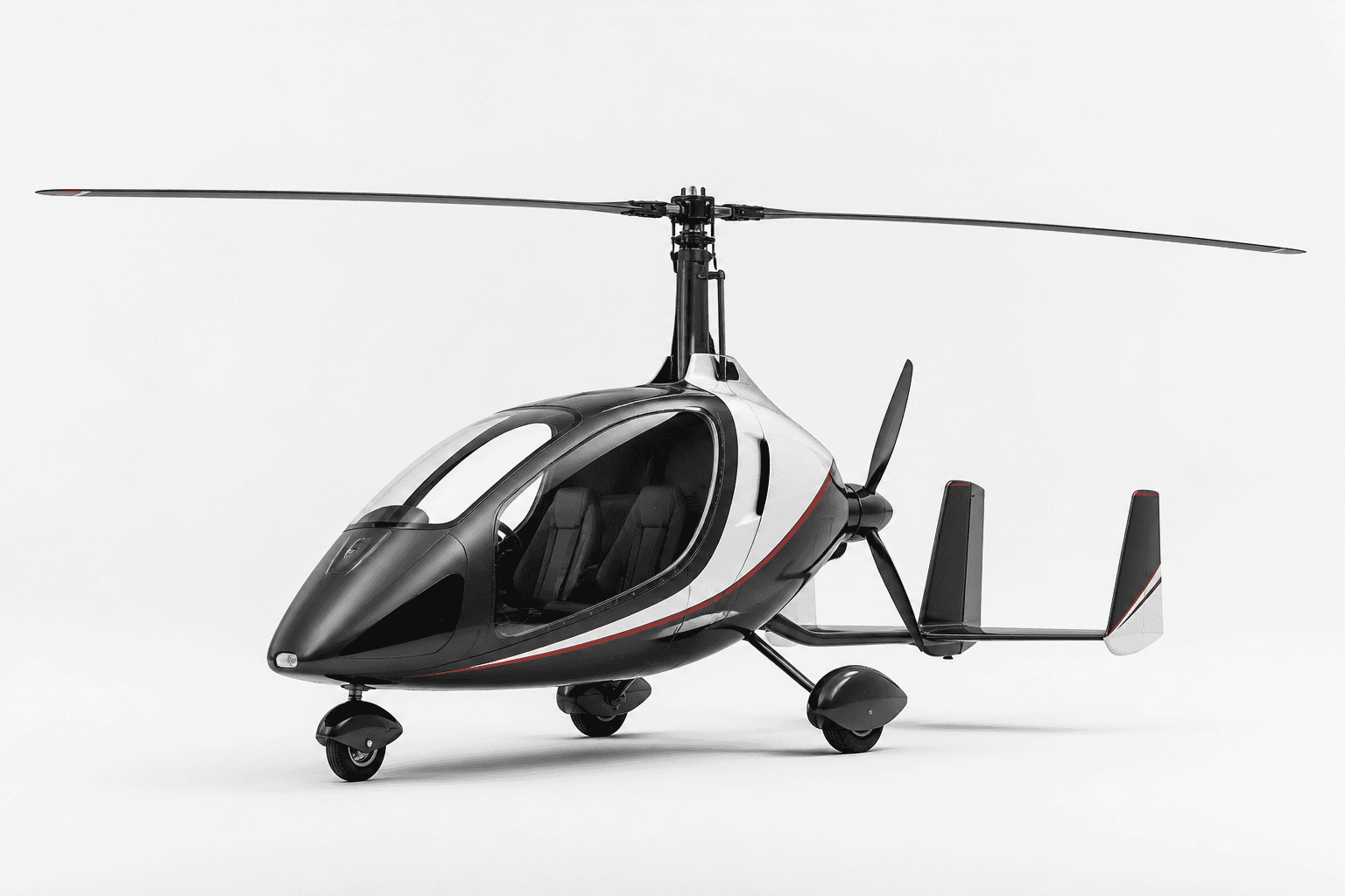 Modern enclosed-cockpit autogyro on a light background