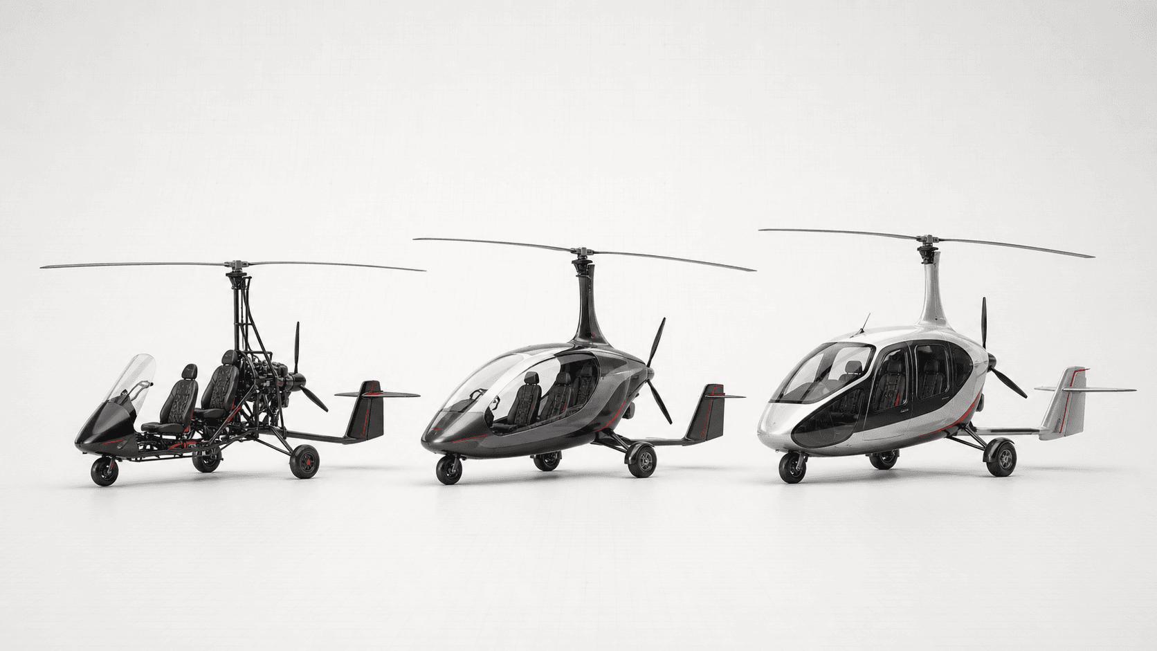 A lineup of modern open and enclosed autogyros