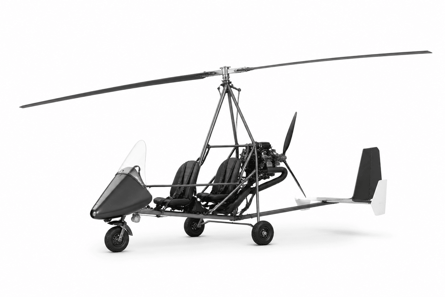 Side view of an open-cockpit autogyro on a light background