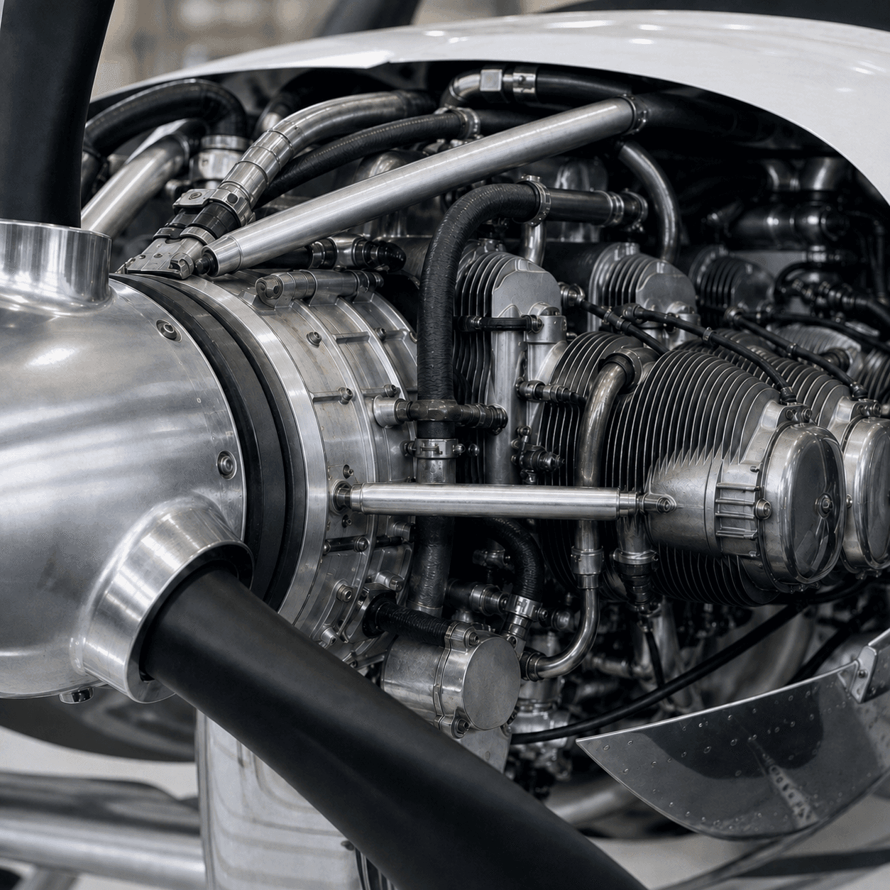 Close-up of an aviation piston engine