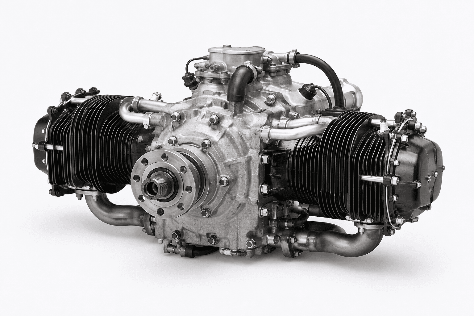 Generic compact horizontally opposed aviation engine on a white background