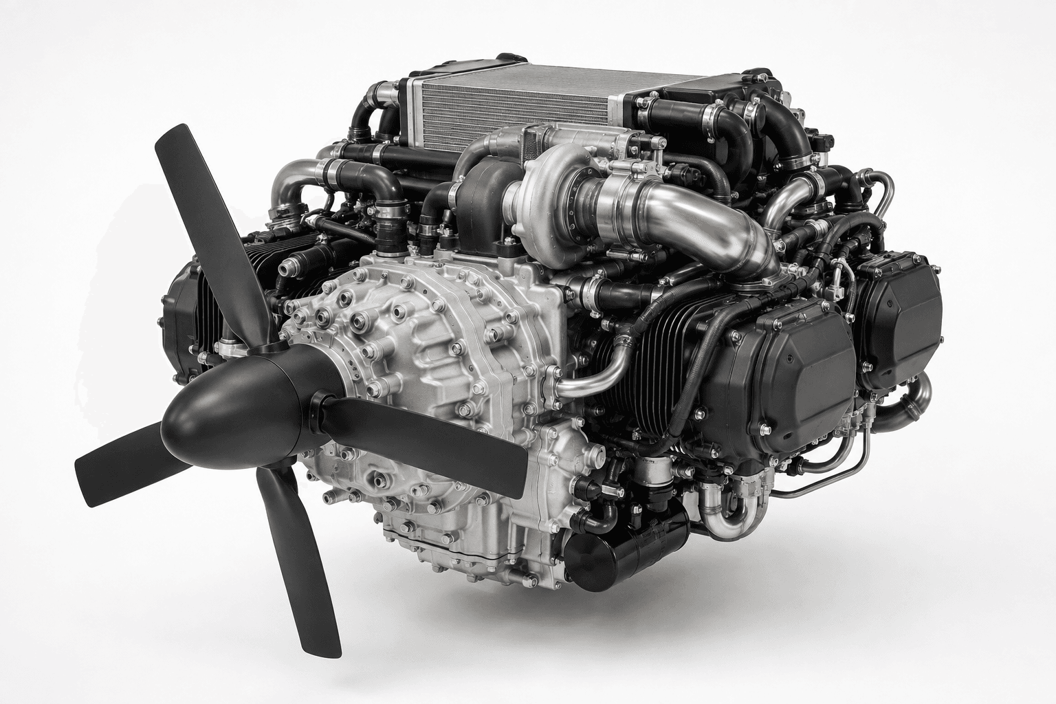 Generic turbocharged piston aviation engine with reduction gearbox on a white background
