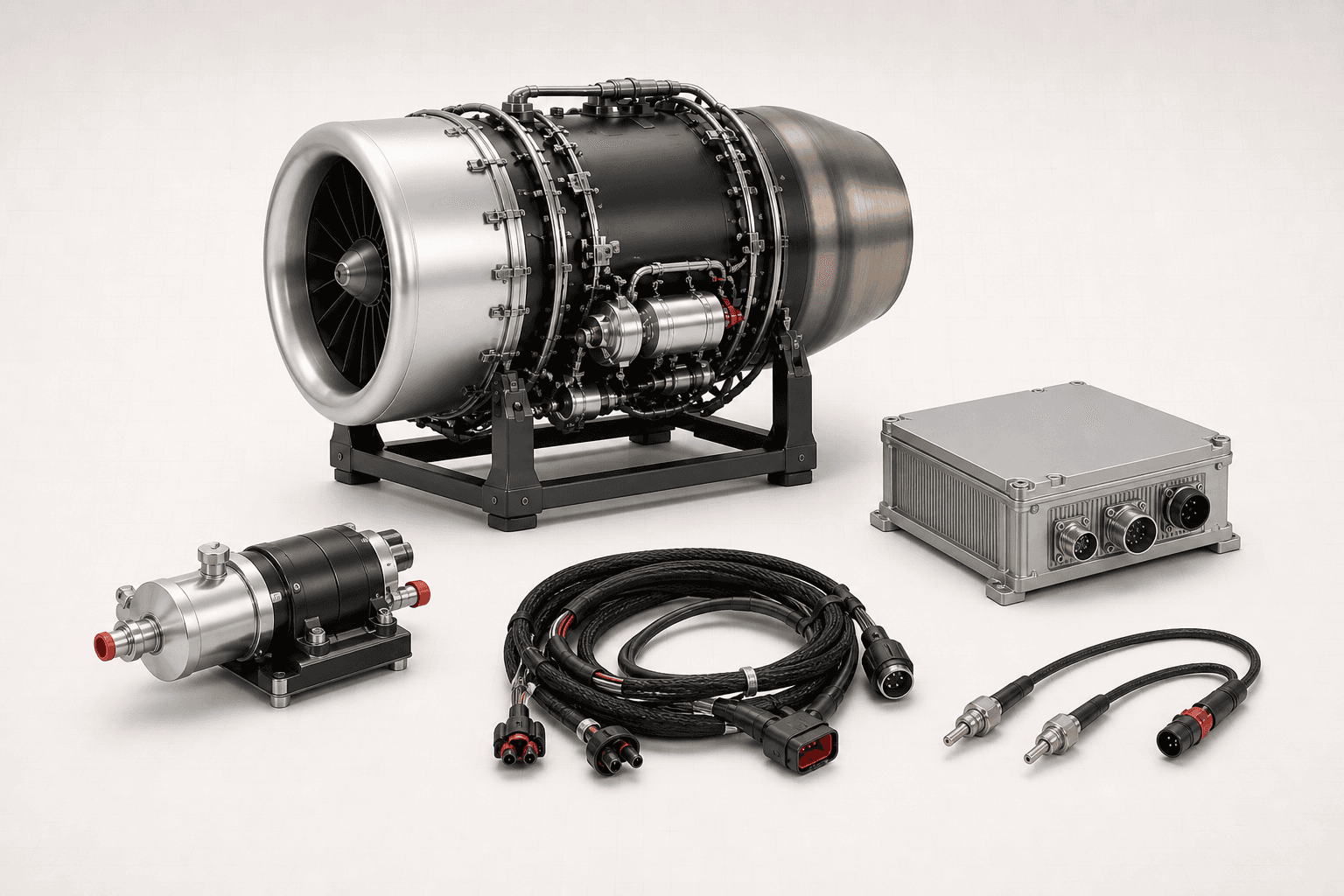 Aviation engine and components on a clean background