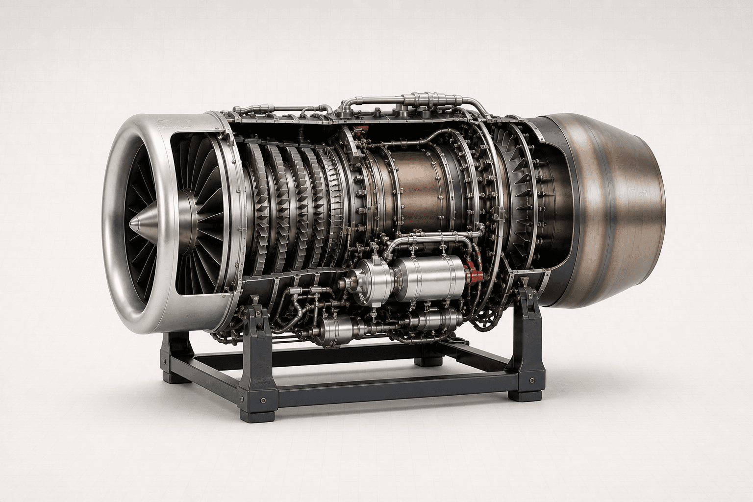 Studio visualization of a turbojet engine with part of the casing open