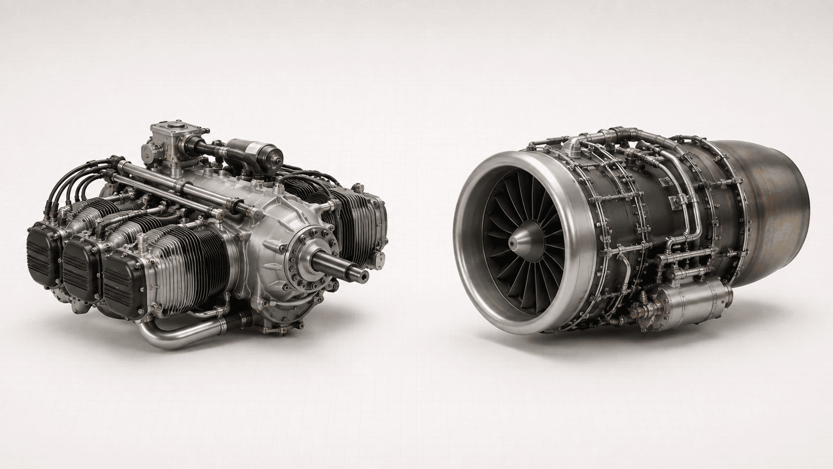 Generic piston and jet aviation engines on a light background