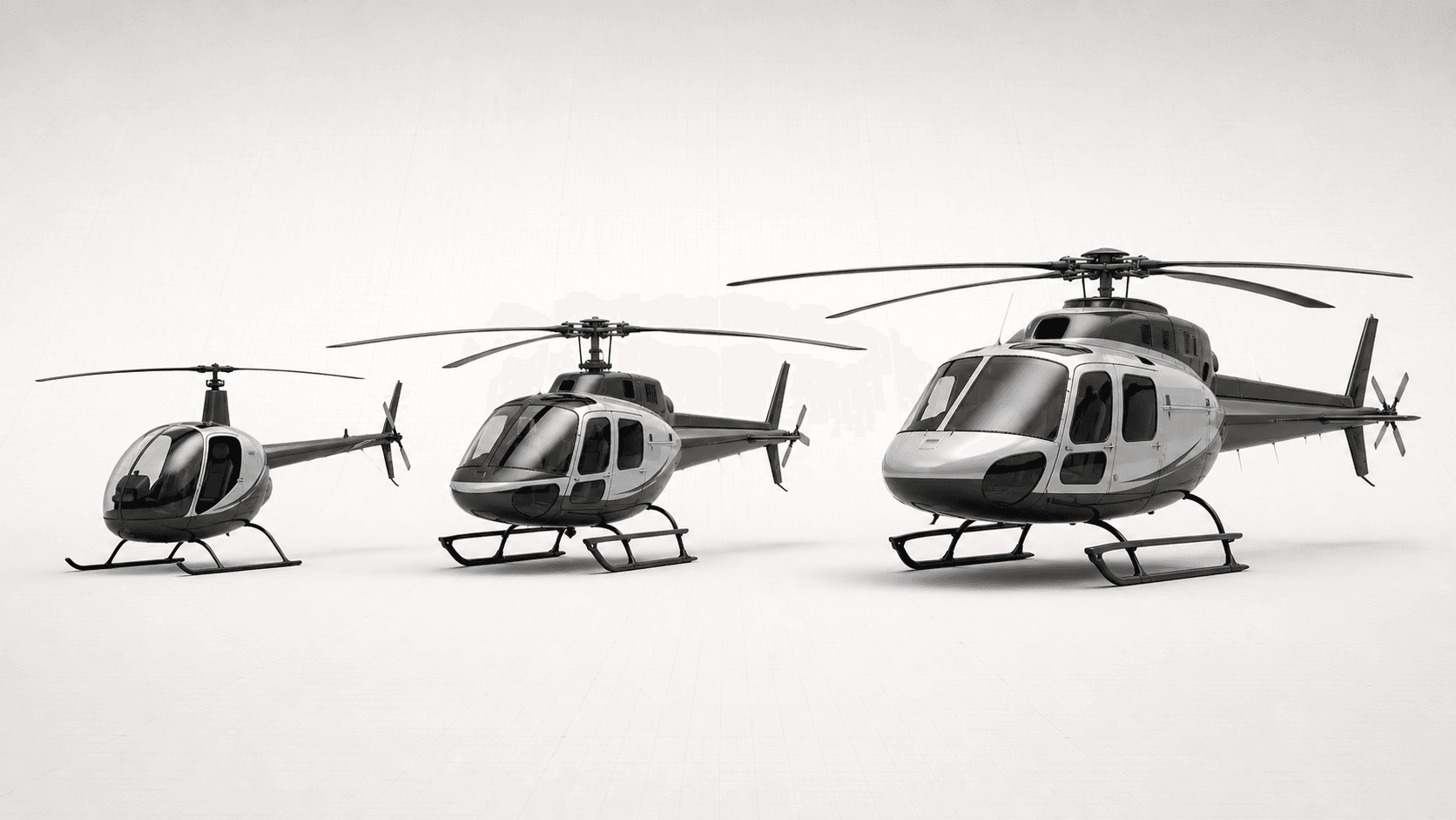 Three civil helicopters of different sizes on a light background