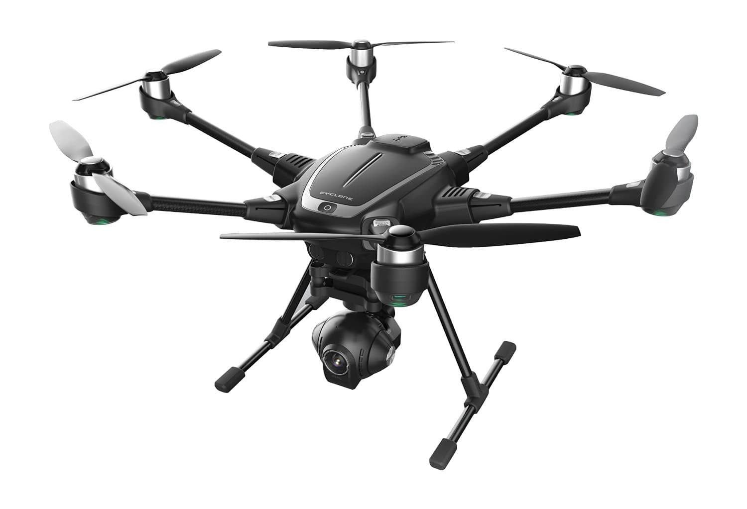 Hexacopter with a suspended camera on a clean white background